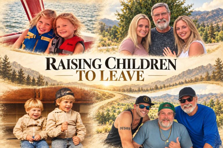 Family photo collage showing children and adults at different ages around the title “Raising Children to Leave.”